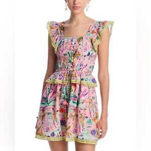 Alicia Bell Fleur Pink Floral Ruffle Mini Silk Dress with Tie Waist Medium